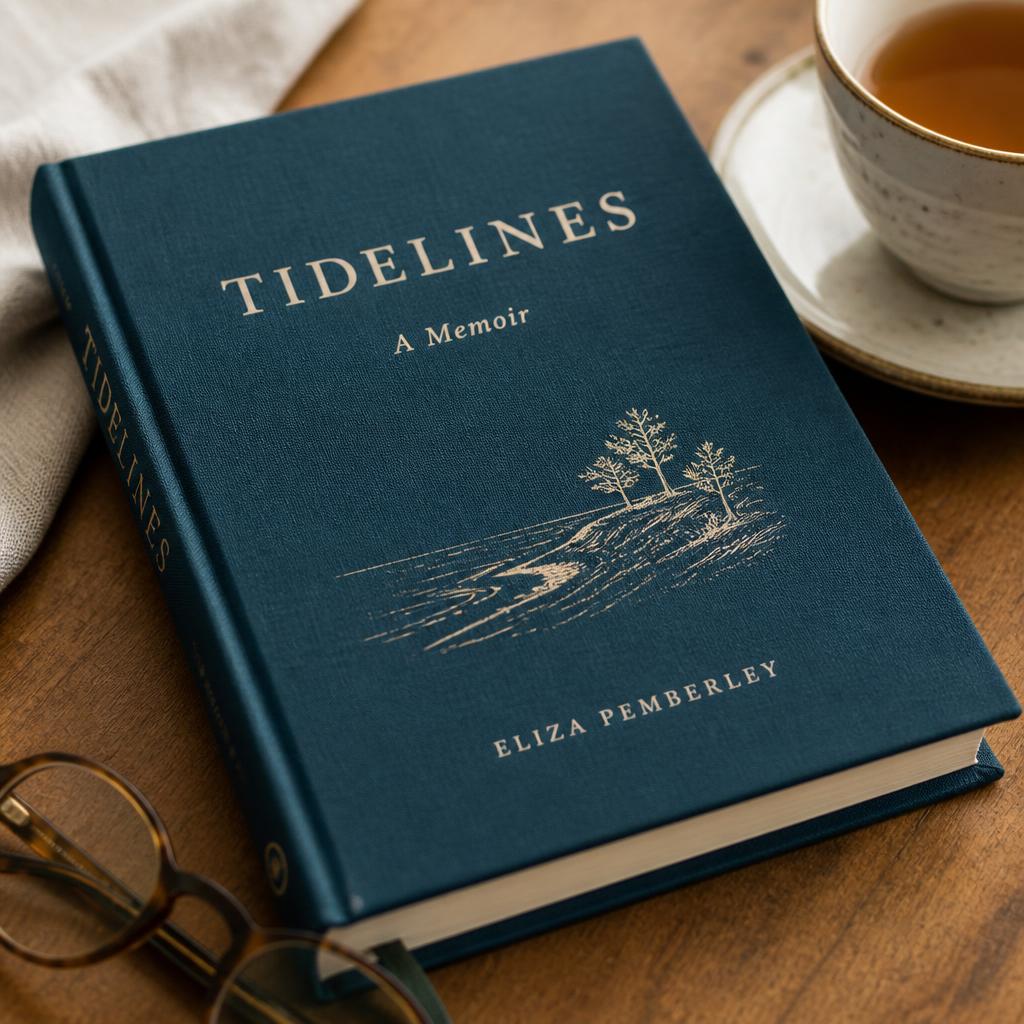 A cloth-bound printed memoir resting on a table beside reading glasses and a cup of tea