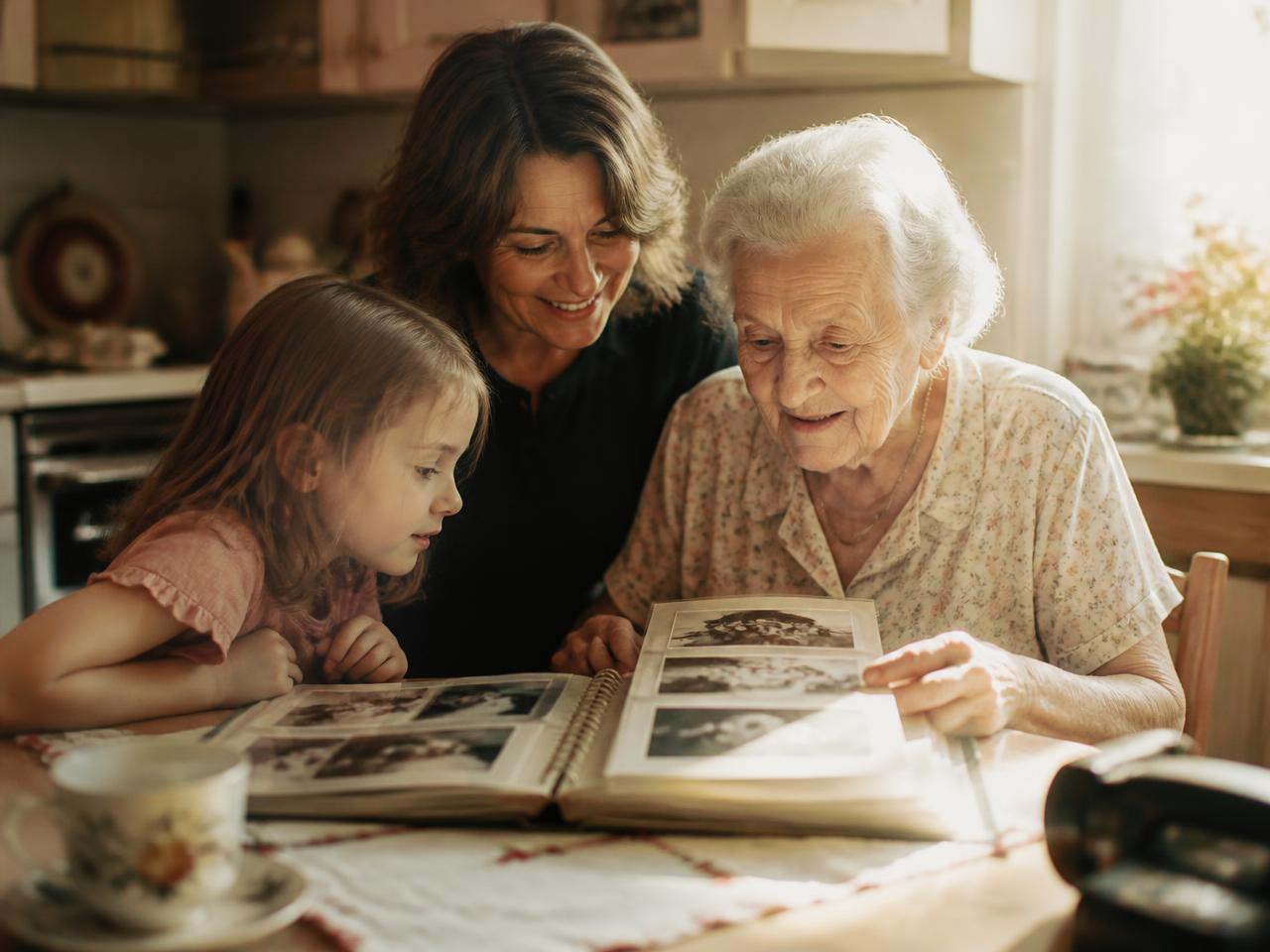 A grandmother, her daughter and granddaughter looking through an old photo album at a kitchen table