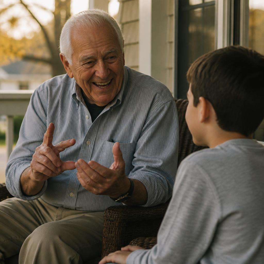 An older man laughing while telling a story to his grandson on a porch